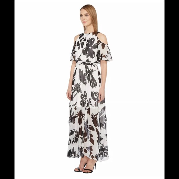 CALVIN KLEIN Floral Cold Shoulder Chiffon Maxi Dress Black / White 6 - Picture 5 of 8